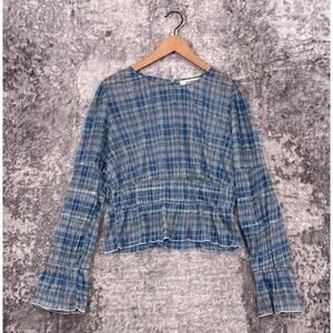 Anthropologie Top Large Womens Porridge Blue Metallic Plaid Sheer Blouse